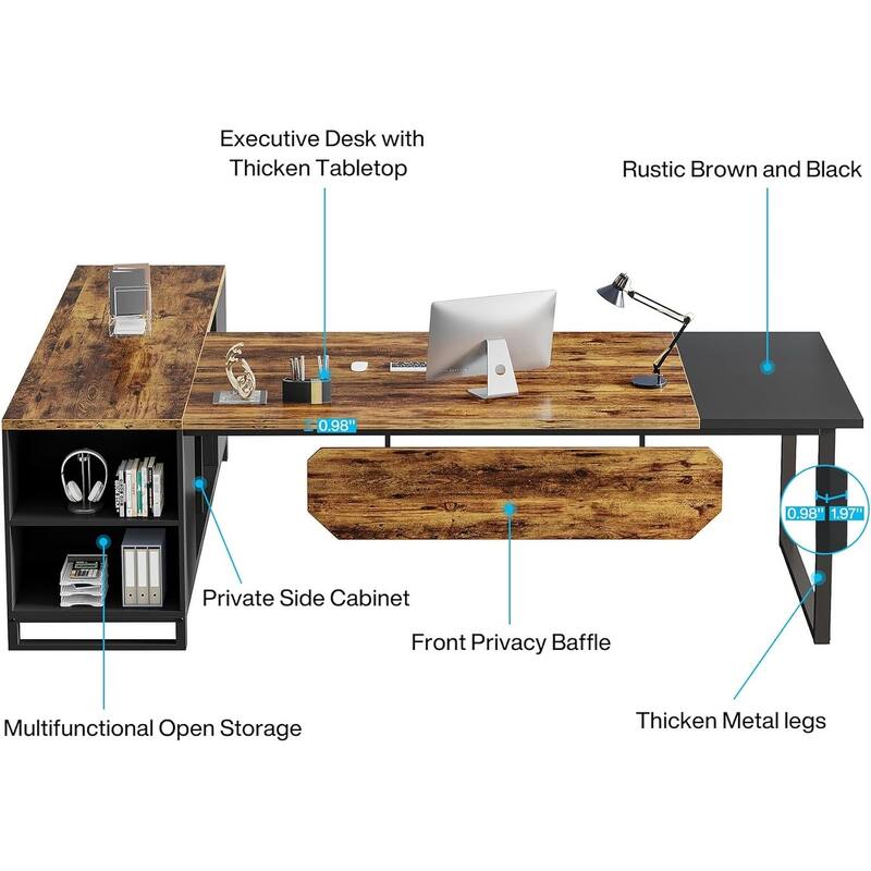 70.8" L-Shaped Executive Desk with 55" File Cabinet, Large Computer Desk with Storage Shelves/Cabinet for Home Office