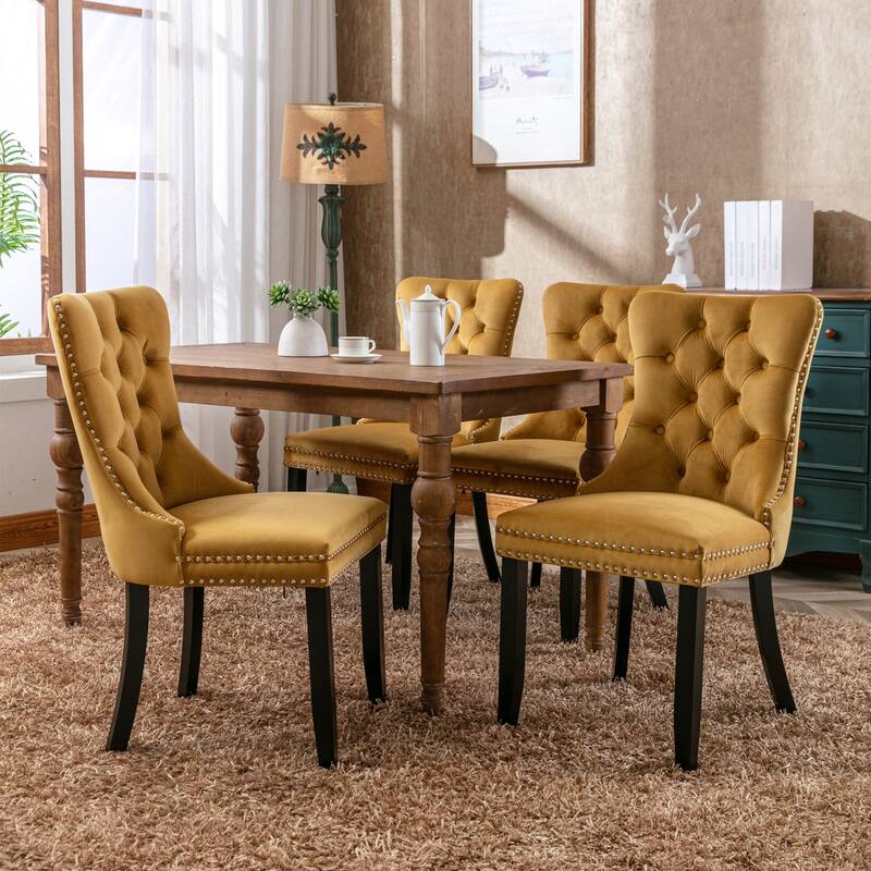 GDF Studio-Nikki Modern Wood Velvet Upholstered Dining Chair with Tufted Design, Nailhead Trim, 2-Pcs Set