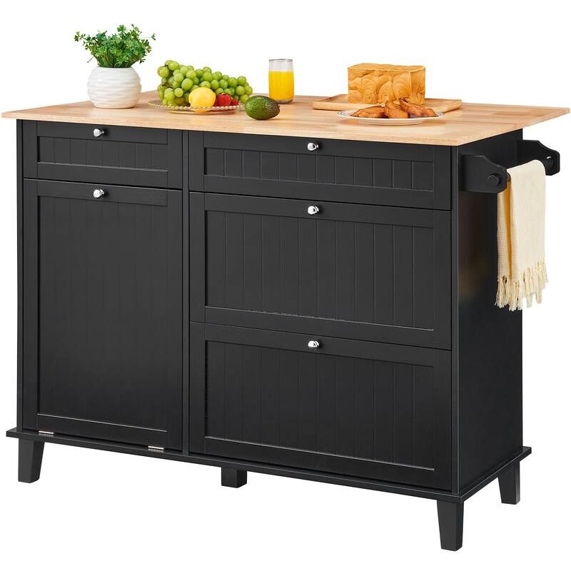 Kitchen Island Cart Storage Cabinet Serving with Drop Leaf, Drawer & Trash Cabinet - Black