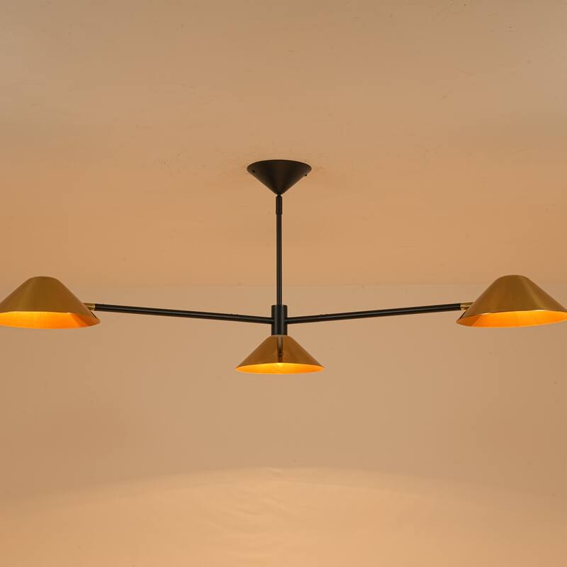 53.93" W 3-Light Modern Black & Brass Linear Sputnik Cone Semi-Flush Mount Ceiling Light - 53.94" W × 16.93" H - Gold - 53.94" W × 16.93" H