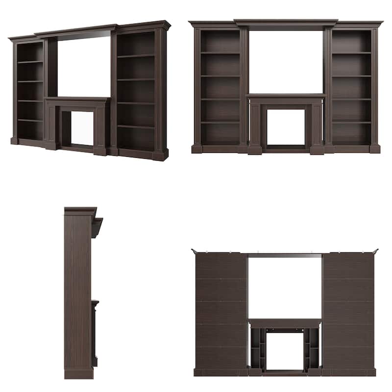 Electric Fireplace Mantel with Bookshelves, 115.5" Entertainment Center with Built-in Shelving