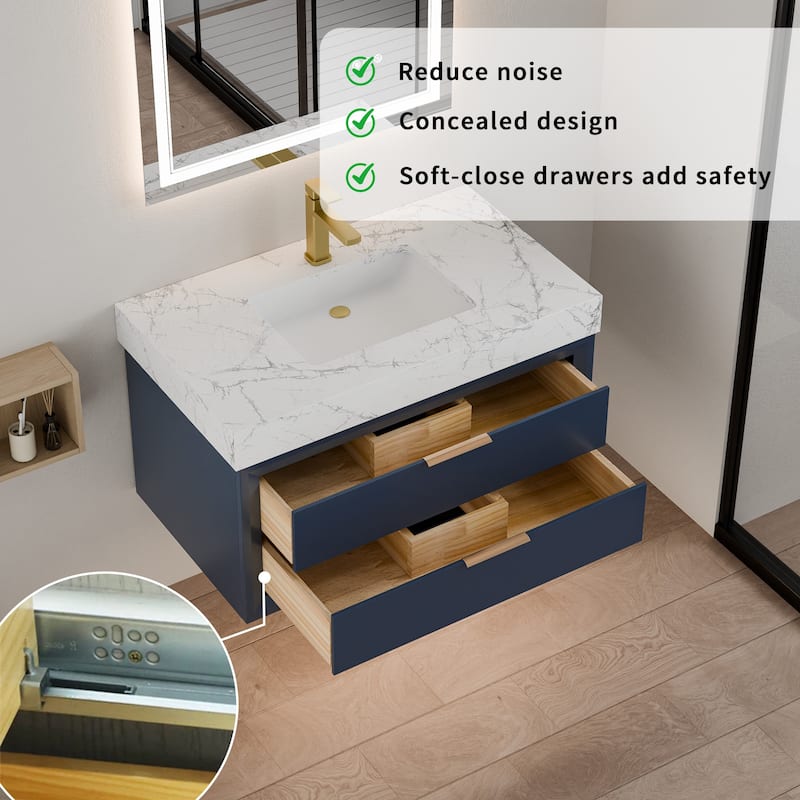 Modland 36" Wall-Mount Vanity with LED Light & 2 Soft-Close Drawers - Solid Oak, Black,White,Blue,Green - 36 inch