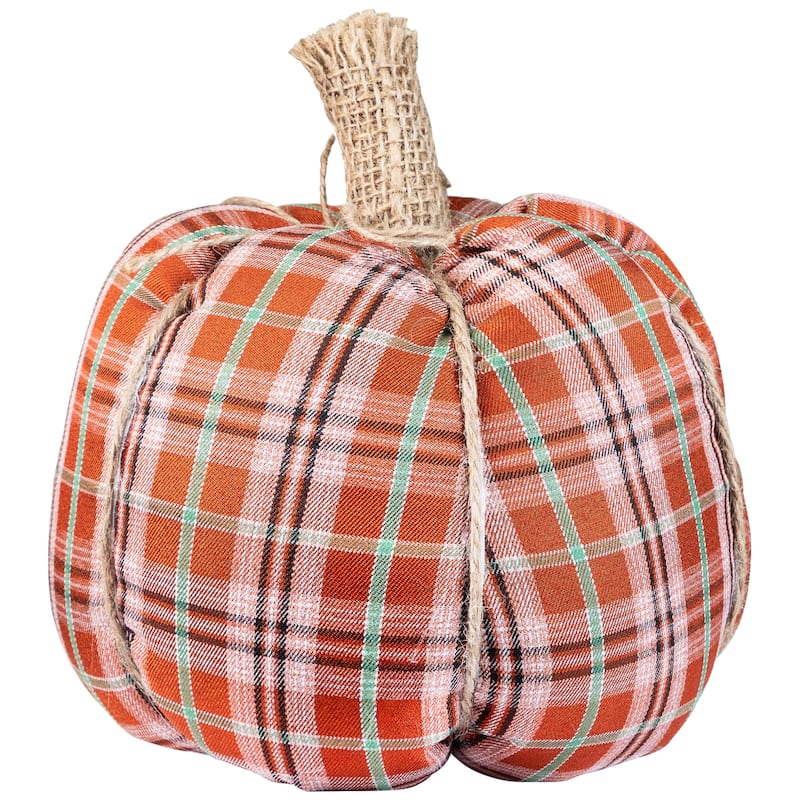 Plush Ribbed Plaid Fall Harvest Pumpkin - 8" - Orange and Green