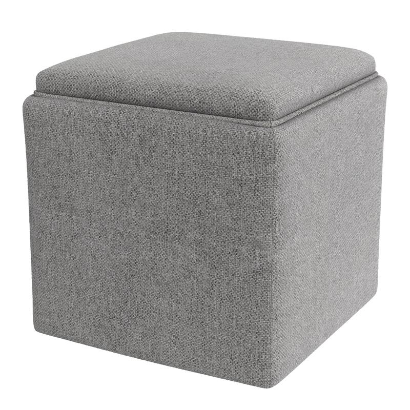 Soa 18 Inch Square Tray-Top Storage Accent Ottoman in Gray Woven Fabric