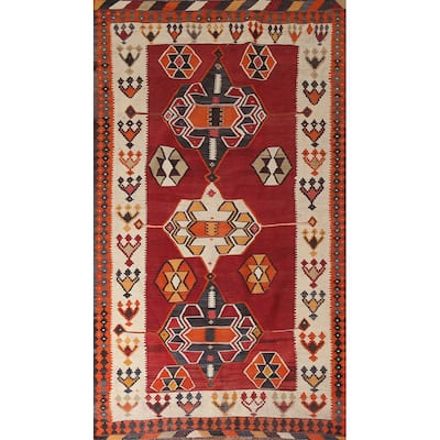 Red Kilim Qashqai Persian Vintage Rug Flatweave Wool Carpet - 5'1" x 9'11"