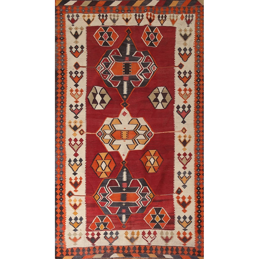 Red Kilim Qashqai Persian Vintage Rug Flatweave Wool Carpet - 5'1" x 9'11"