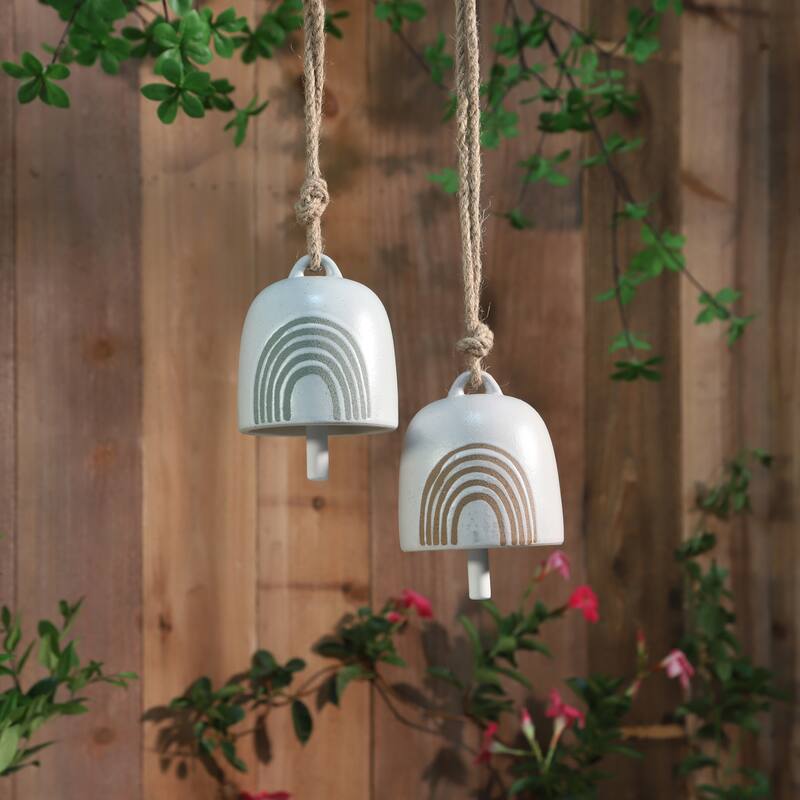 Sagebrook Home Hanging Bell Decorative Wind Chime White and Beige Circle Design Outdoor or Indoor