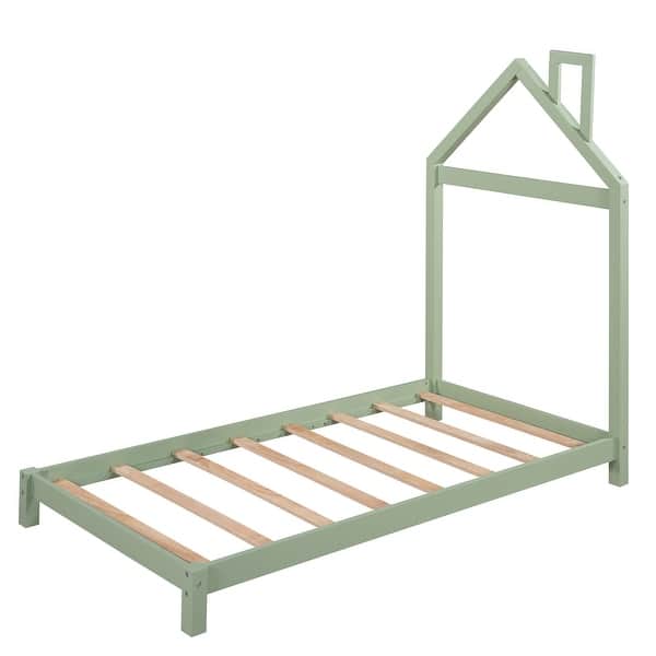 slide 2 of 9, Wooden Twin Size Platform Bed Frame, Modern Twin Kids Bed Frame with House-shaped Headboard, Solid Wood Twin Bedframe Green - Twin