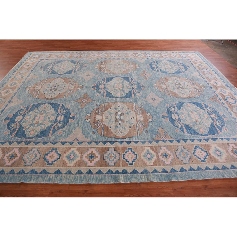 Hand Knotted Oriental 100% Wool Carpet Transitional Geometric Navy Blue & Blues Oushak Area Rug - 12' 1'' X 9' 5''