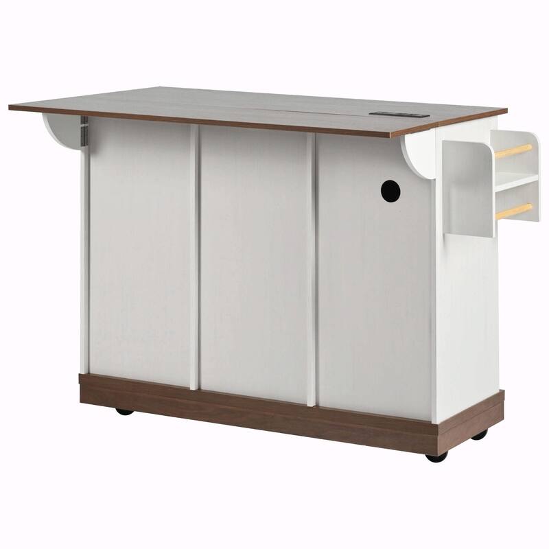 55.5" Farmhouse Kitchen Island with Drop Leaf, Barn Door Storage, Power Outlet