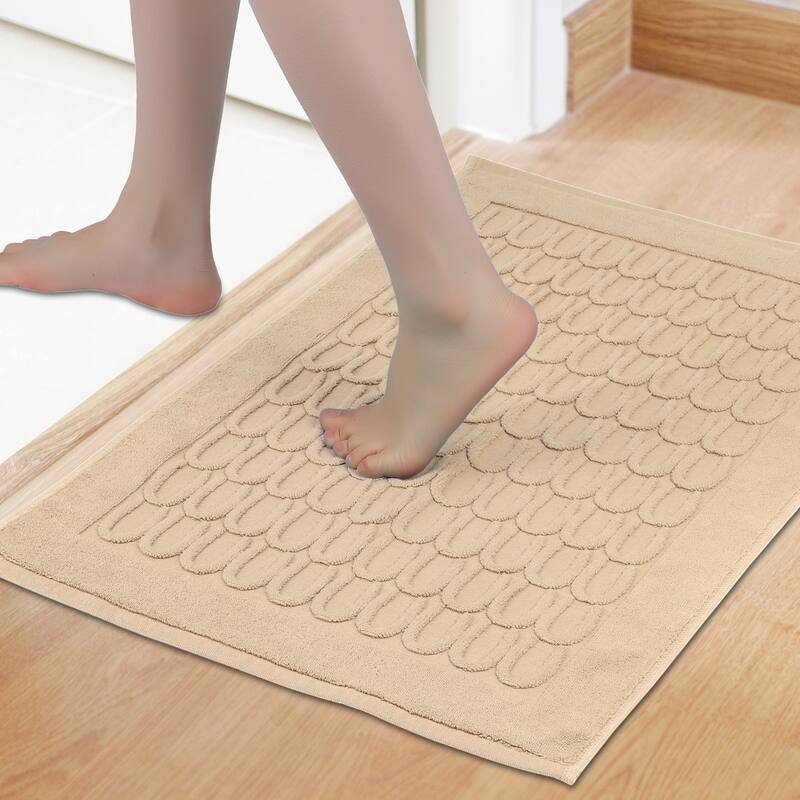 Lightweight Textured Cotton Bath Mat Hotel Reversible Water Absorbent Rug Thick Foldable Shower Foot Carpet - Khaki - 16" x 24"
