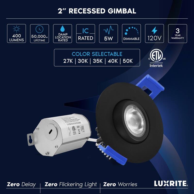 LUXRITE 2 Inch Gimbal LED Recessed Lighting J-Box CRI90 5W 5CCT Dimmable 400 Lumens Black - 2700/3000/3500/4000/5000