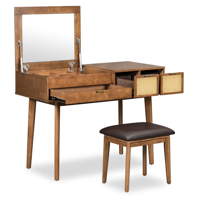 HomeRoots 48" Brown Wood Three Drawer Vanity Table With Mirror And Seating