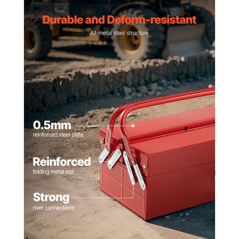Red 14 Inch Flip Top 2 Tray Folding Cantilever Toolbox with Comfortable Dual Handles - 14 x 7.87 x 6.5 in