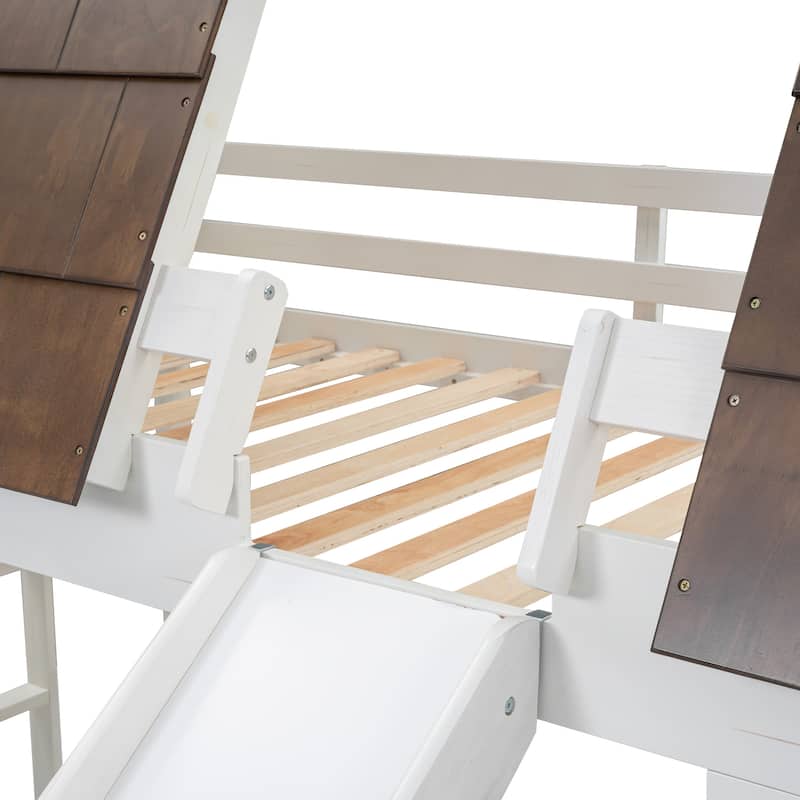 Wood Twin Size House Bunk Bed with Roof, Ladder and Slide