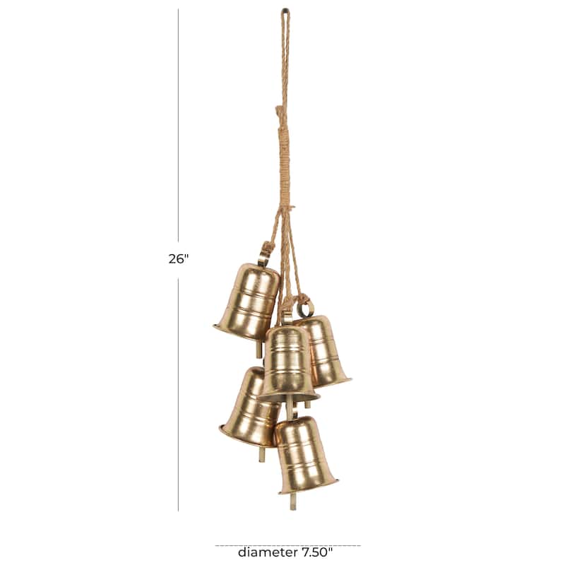 Metal Cascading Cluster Decorative Bells with Jute Hanging Rope - Gold - Roche River Decor