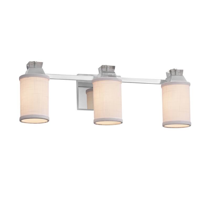 Justice Design Textile Ardent 3-light Polished Chrome Bath Bar, White Cylinder w/ Flat Rim Shade