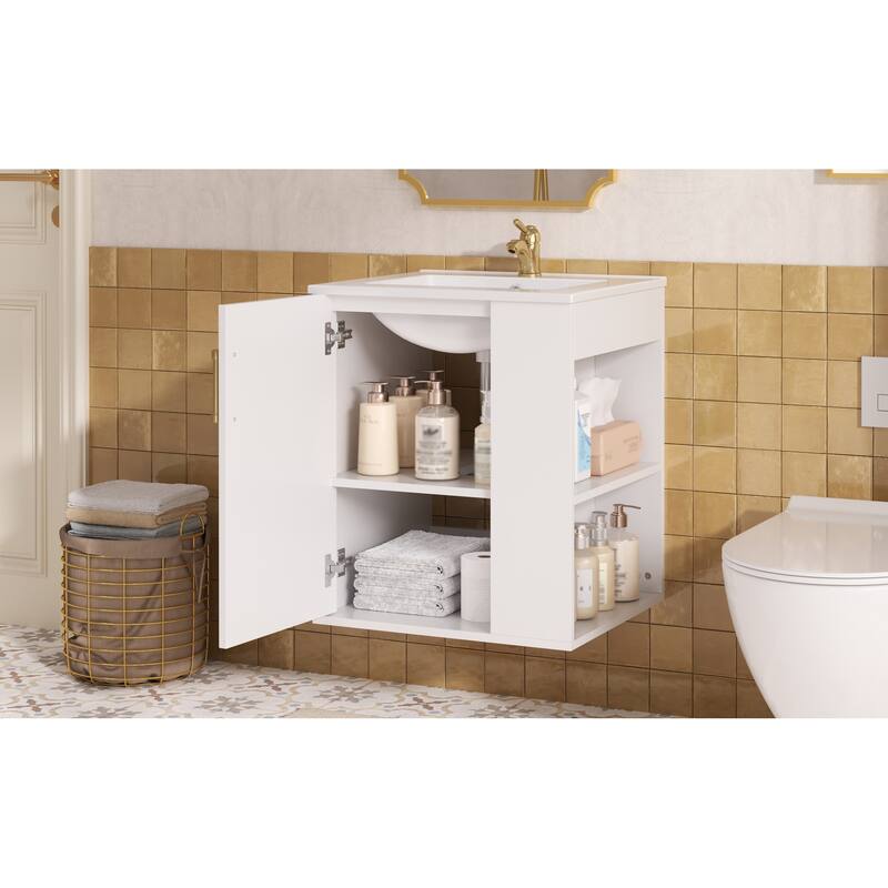 Roomfitters 20 Inch Wall Mounted Bathroom Vanity & Side Cabinet Combo, Floating Storage Station with Sink, White