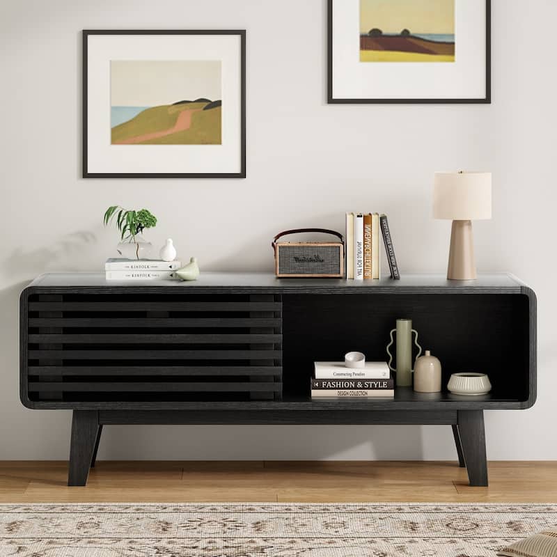 Mid-Century Modern TV Stand for TV Up to 59" with Sliding Slatted Door