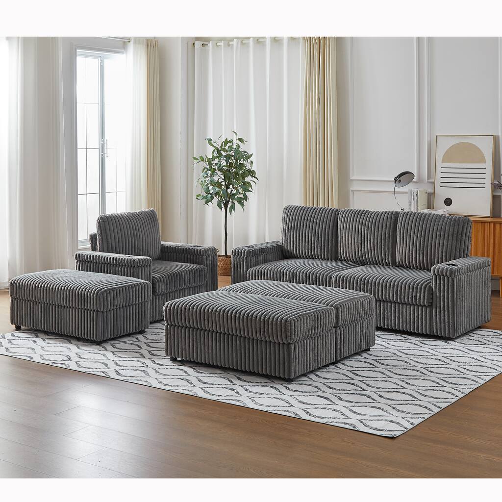 Anmytek Corduroy 3-Seater Deep Seat Sofa & Single Recliner With Cup-Holding Grooves