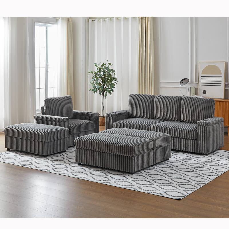 Anmytek Corduroy 3-Seater Deep Seat Sofa & Single Recliner With Cup-Holding Grooves - Grey