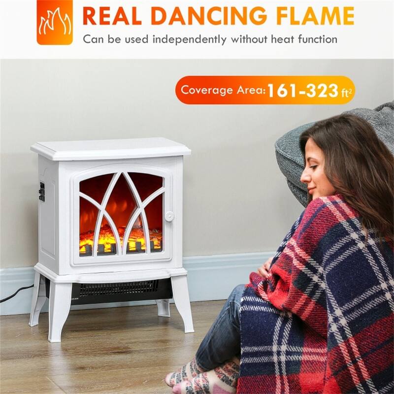 White Electric Fireplace Stove with Tempered Glass and 2 Heat Settings 323 Sq. Ft. Coverage - 14.25" W x 9.5" D x 18" H