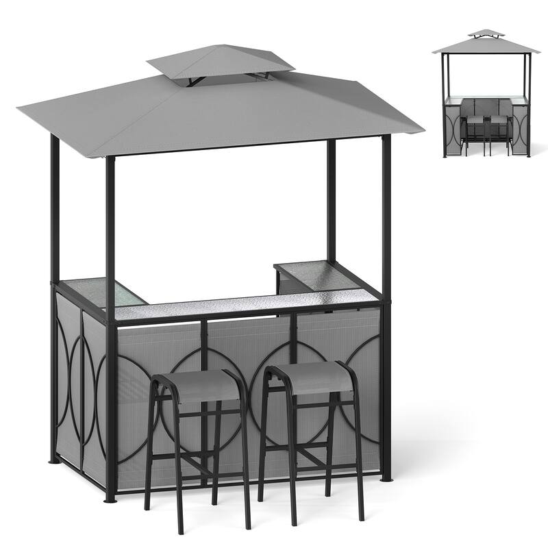 6.5 x 4 x 8 FT Grill Gazebo Set with 2 Bar Stools and Bar Table-Brown