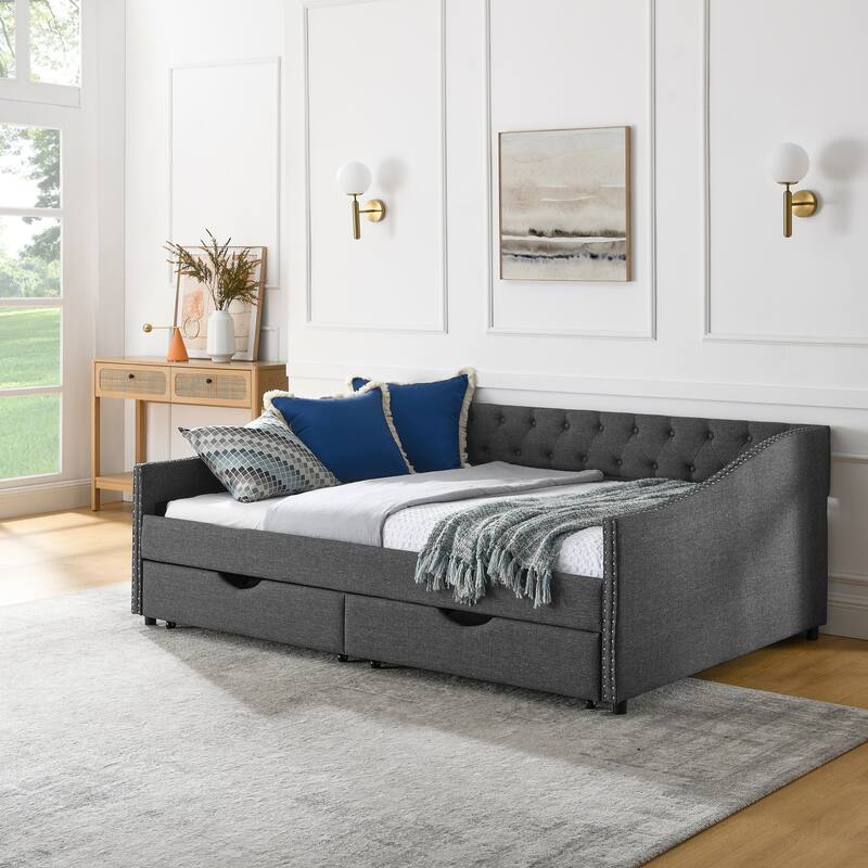 Full Size Daybed with Drawers Upholstered Tufted Sofa Bed,with Button on Back and Copper Nail on Waved Shape Arms