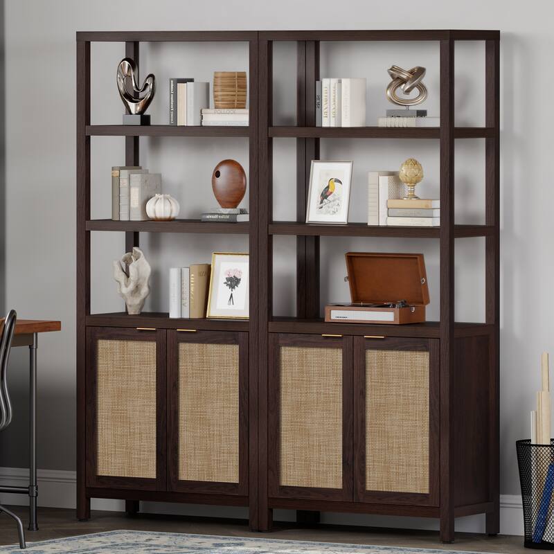 SICOTAS 5 Tier Adjustable Bookshelf with Rattan Storage Cabinet