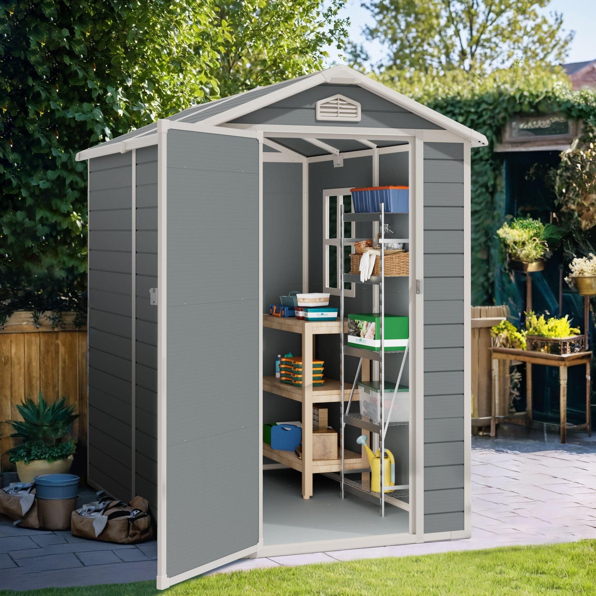 Furniwell 4x6 ft Outdoor Storage Shed, Plastic Weather Resistant