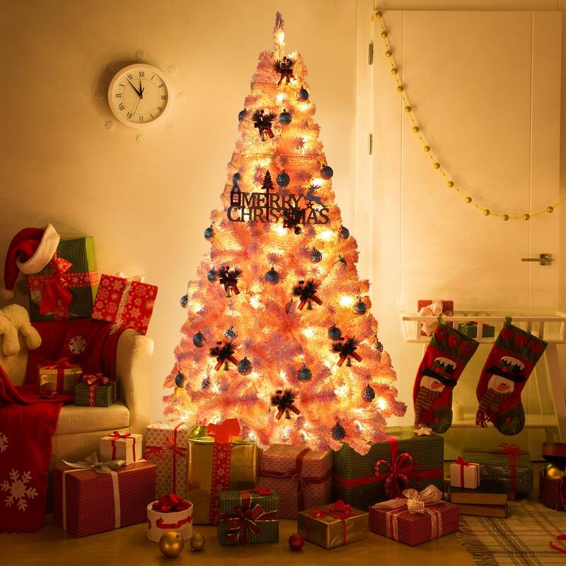 VEIKOUS 6.5FT/7.5FT Pre-lit Christmas Tree Snow Flocked/Artificial with Lights and Metal Stand