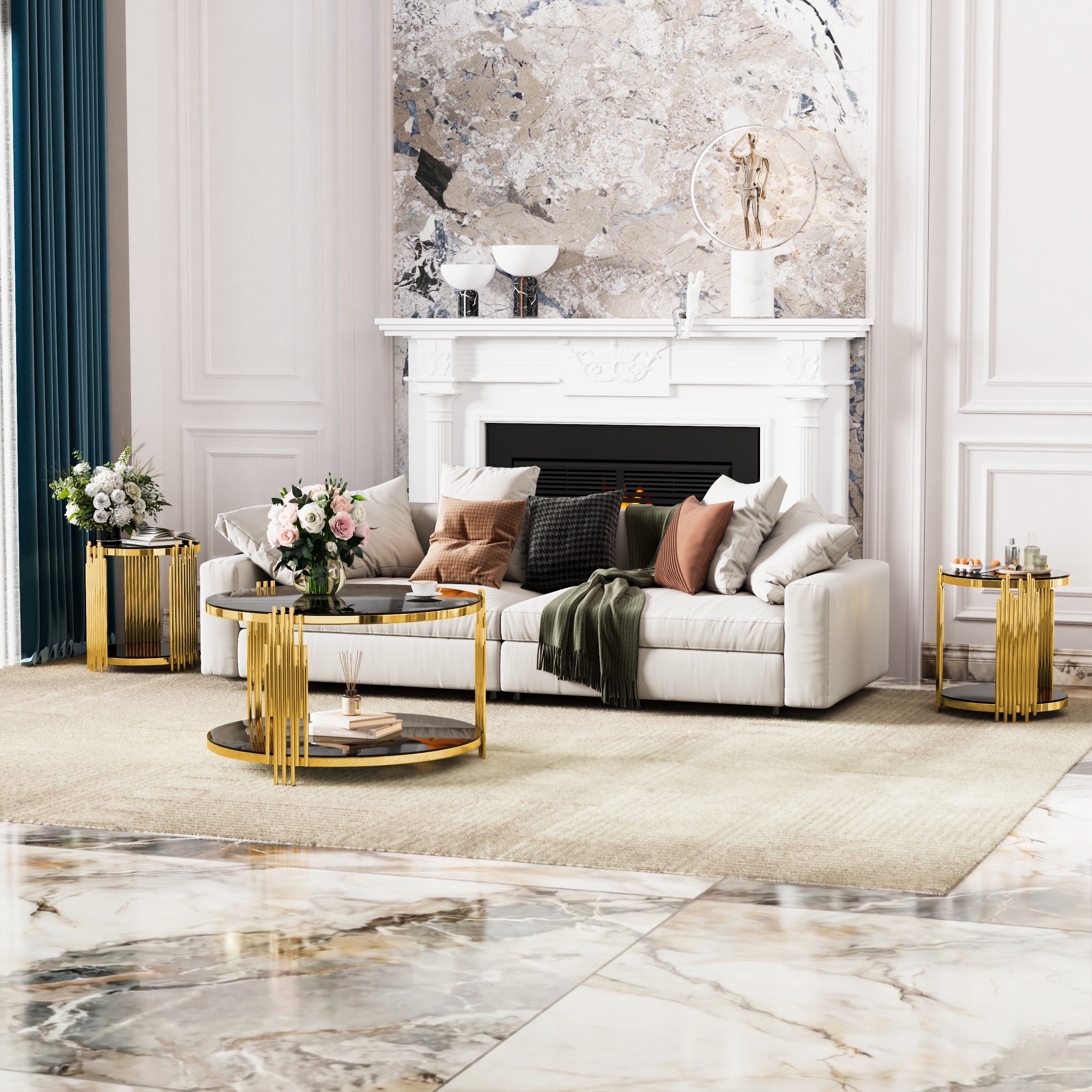 31.5" Round Living Room Table Set – 1 Coffee Table & 2 End Tables – Tempered Glass, Asymmetrical Metal, Gold Finish.‌