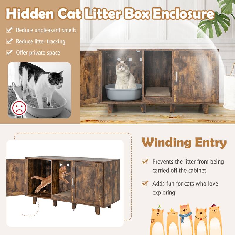 2-Door Cat Litter Box Enclosure with Winding Entry and Scratching Board