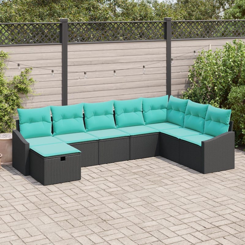 vidaXL 8/9 Garden Sofa Set with Cushions Black/Brown/Grey Poly Rattan - 113.6 x 70.3 x 27.2 - Black/Blue without table