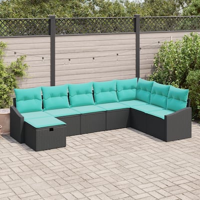 vidaXL 8/9 Piece Garden Sofa Set with Cushions Black Poly Rattan - 113.6×70.3×27.2