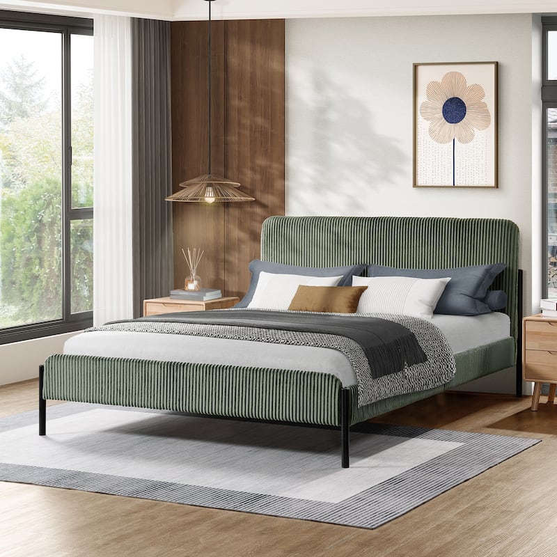 Corduroy Upholstered Bed Frame, Rounded Corners Design Queen Platform Bed, Slat Support