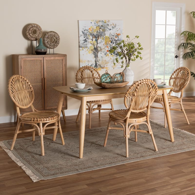 Iris Modern Bohemian Natural Brown Rattan 5-Piece Dining Set