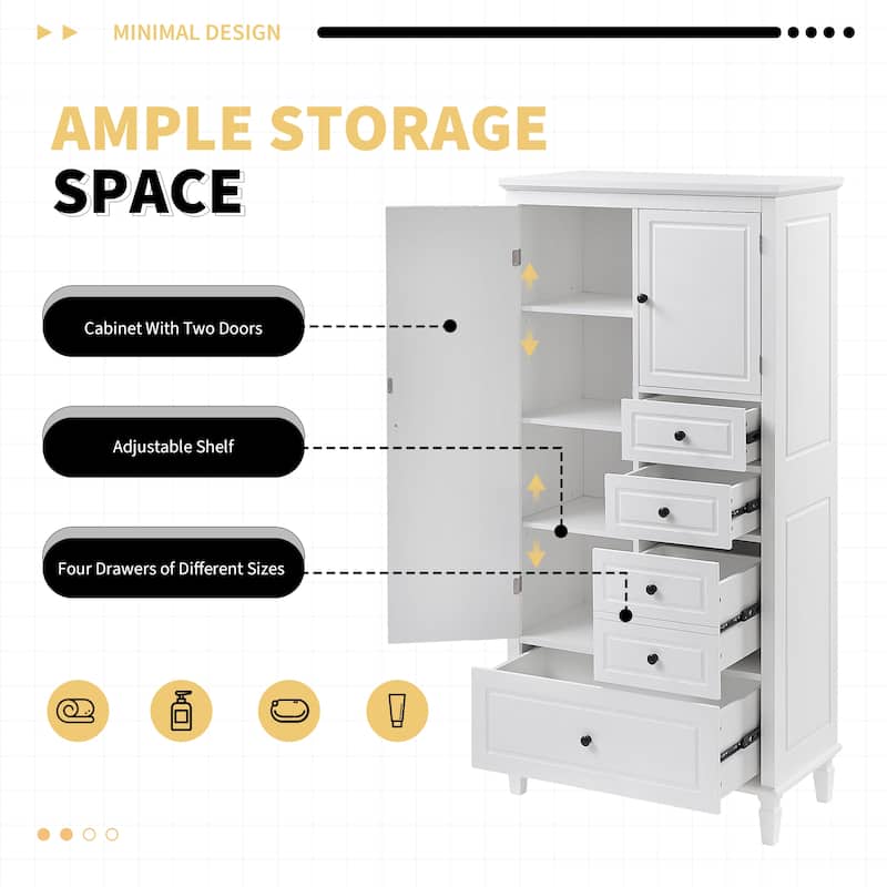 Tall and Wide Storage Cabinet with Doors, Four Drawers of Different Sizes, Adjustable Shelves