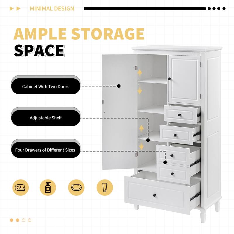 Wood Freestanding Floor Cabinet, Tall Bathroom Storage Cabinet with Drawers and Adjustable Shelves