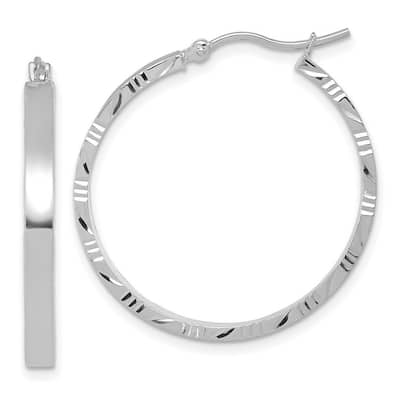 Curata 14k White Gold Sparkle Cut Edge Large Polished Hoop Earrings - 30x30mm