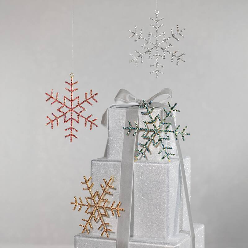 Holiday Snowflake Ornaments with Rhinestones, 12 Hanging Pieces (3 Sets of 4)