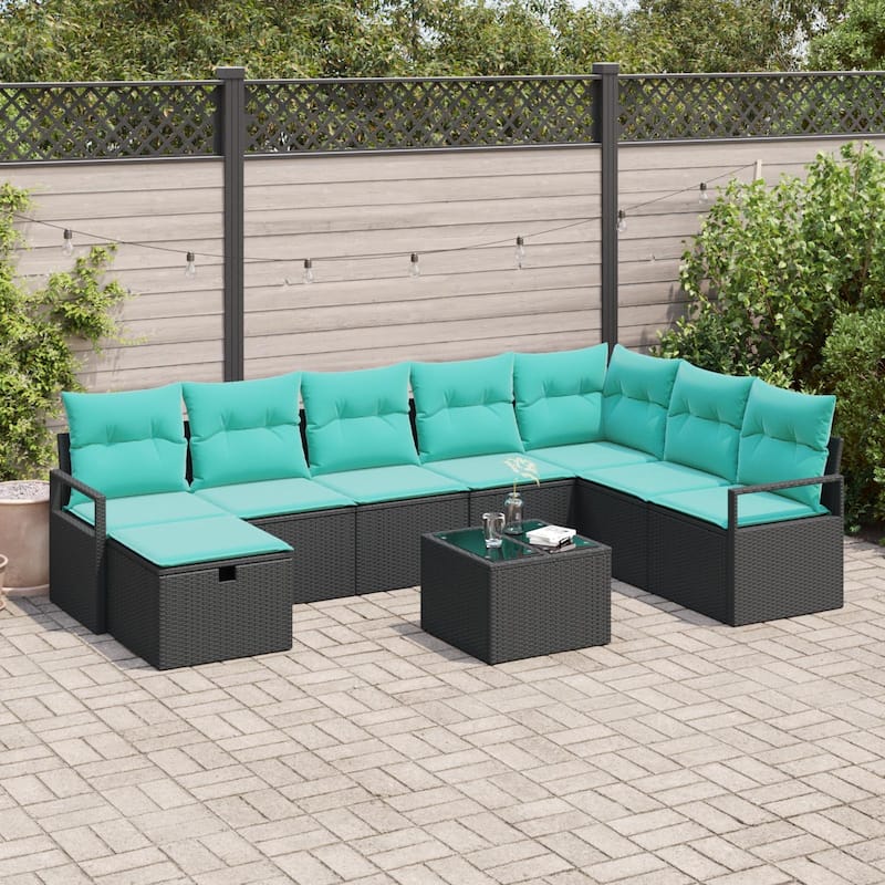 vidaXL 8/9 Piece Garden Sofa Set with Cushions Black Poly Rattan - 113×69.7×27.2 - Black/ Blue-with table