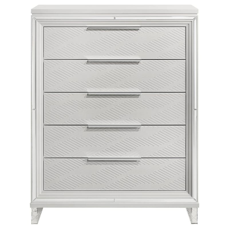 Mory Tall Dresser Chest, 5 Drawer, Embossed Herringbone Pattern, White