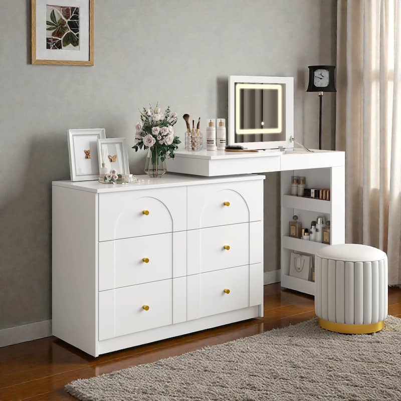 Vanity Desk with Flip-Top Mirror and LED Lights, Makeup Table with 7 Drawers, 9 Compartments, Shelves, 3-Color Modes - White