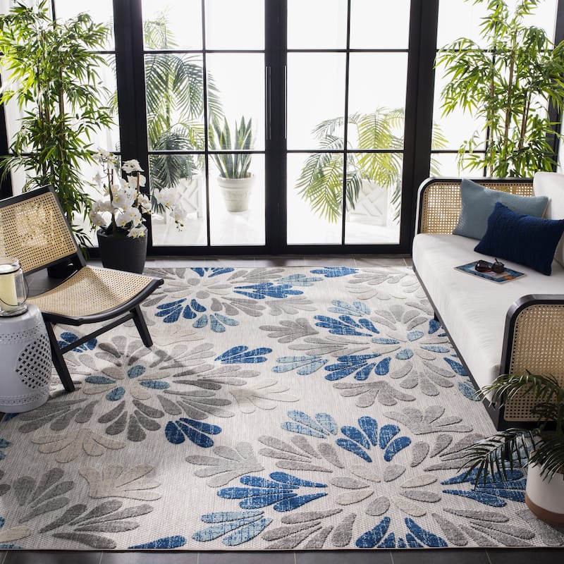 SAFAVIEH Cabana Fleda Indoor/ Outdoor Waterproof Patio Floral Rug - 8' x 8' Square - Grey/Blue