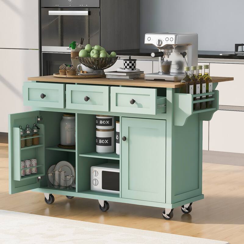 Aill MDF Kitchen Island with Storage Cabinet and 3 Drawers(53-in x30-in x37-in) - Green