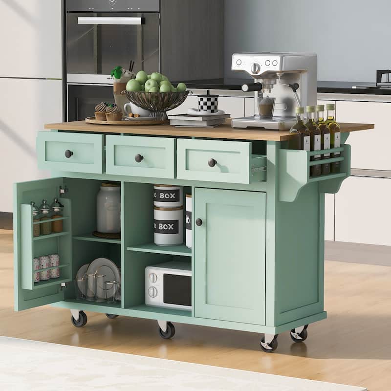 Anmytek Mint Green Foldable Kitchen Island Cart - Rolling Cart with Storage Drawers and Spice Racks