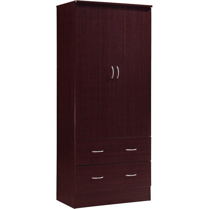 2 Door Wood Wardrobe with Clothing Rod and 2 Drawers, Mahogany Finish, Compact Design for Small Spaces
