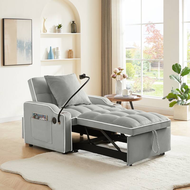 Convertible Sleeper Chair Sofa Bed, 3-in-1 Folding Sofa Bed with Adjustable Backrest and USB Charging Port for Small Rooms. - Grey