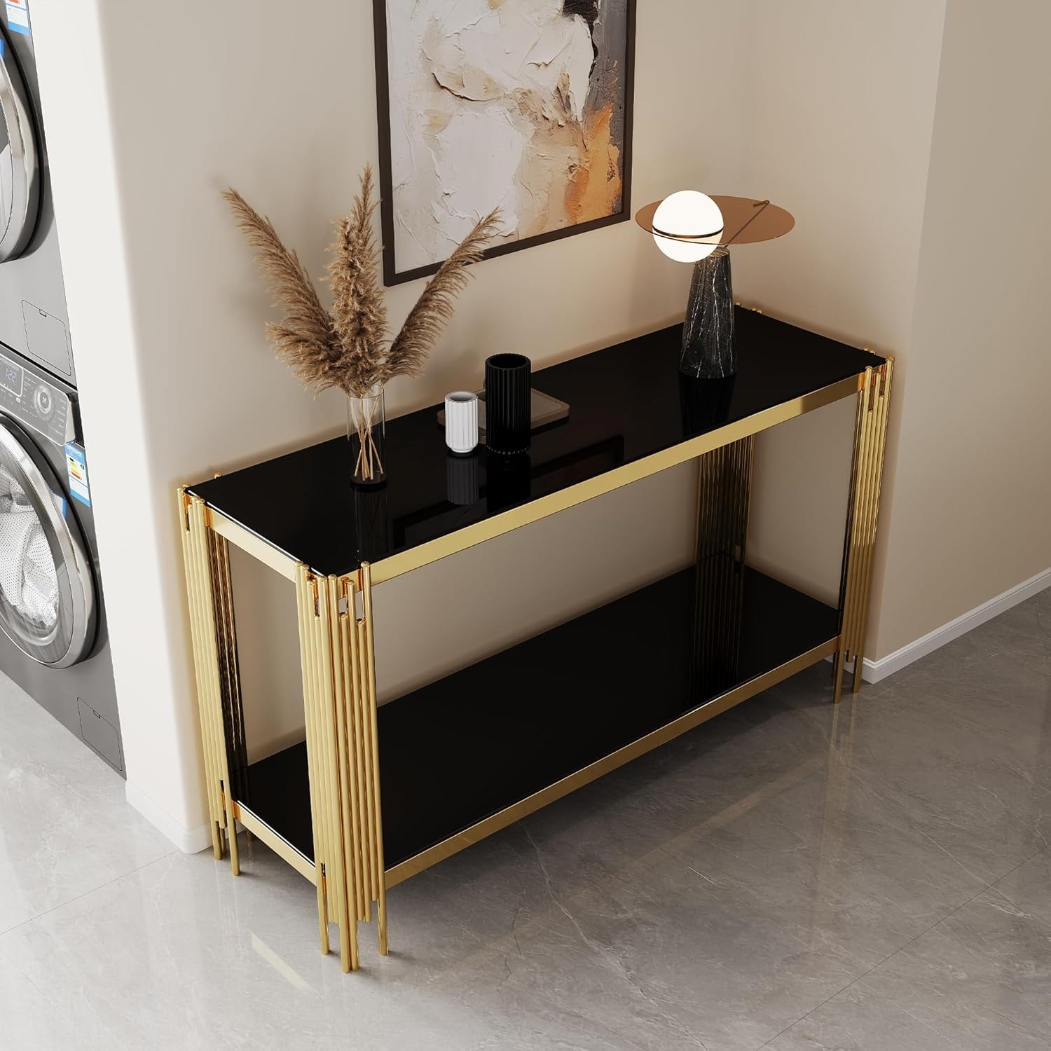 55" Tempered Glass Console Table, Modern 2-Tier Black Sofa Table with Lower Shelf, Luxury Entry Table with Golden Metal Frame